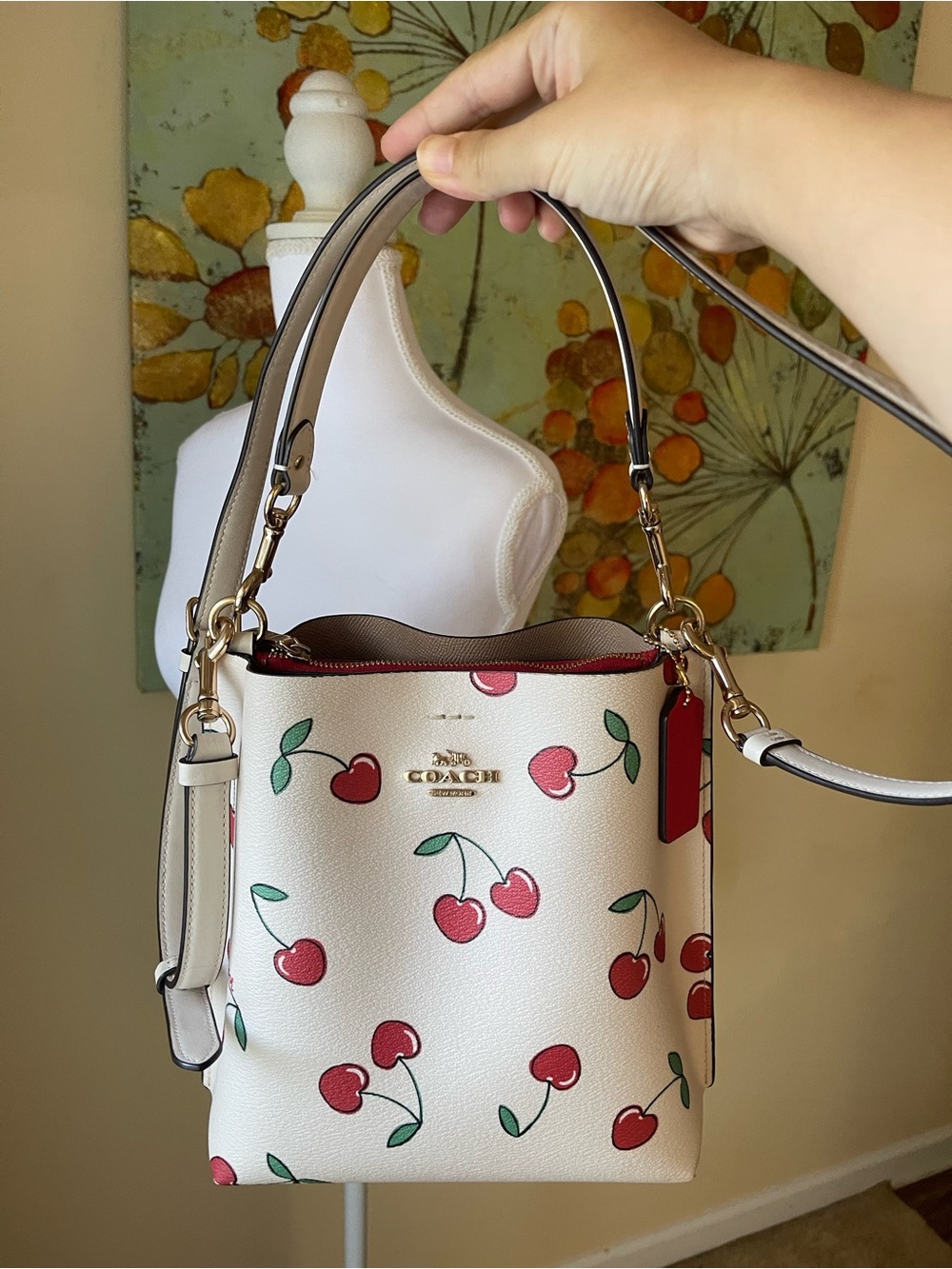 Coach White Leather Bucket Bag with Red Cherry Print